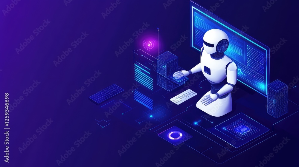 Poster a futuristic digital workspace with automated systems, artificial intelligence, and innovative tech 