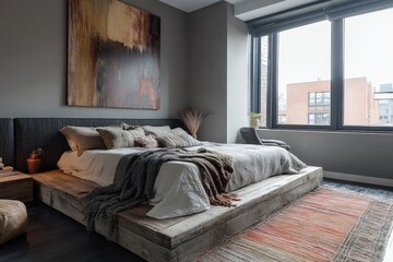 Stylish modern bedroom with a platform bed and cozy textiles