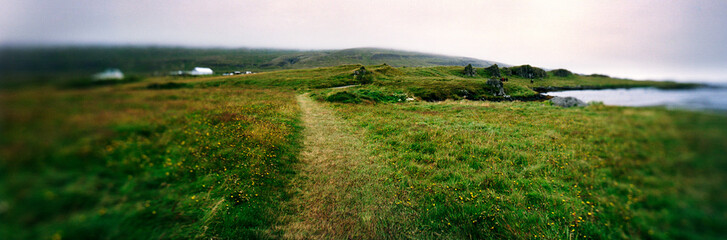 Panoramic landscape along coast, Vatnsnes Peninsula, Westfjords, Iceland.