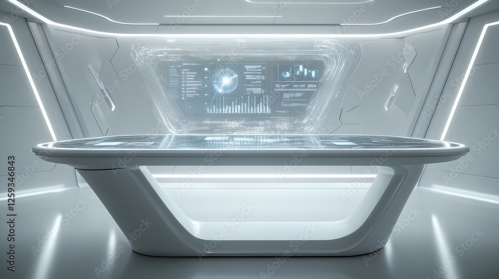 Poster a futuristic strategy concept featuring a smart desk with interactive ai-driven business analytics. 