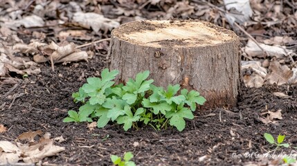 Obraz premium Fresh green plants sprouting around a freshly cut tree stump in a natural forest setting