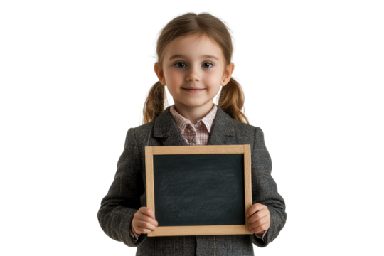 Portrait of smiling school girl holding chalkboard with blank space isolated on white or transparent, PNG - Powered by Adobe