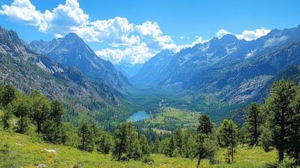 Fototapeta premium Scenic mountain valley with lush greenery, a serene lake, and dramatic peaks under a bright sky