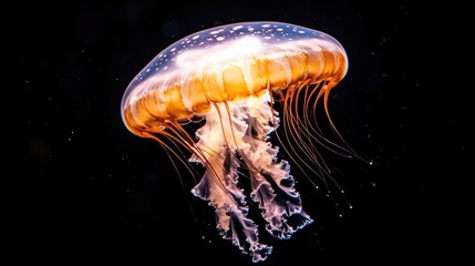 Fototapeta premium Vibrant jellyfish gracefully swimming in dark ocean waters, showcasing its translucent body and tentacles
