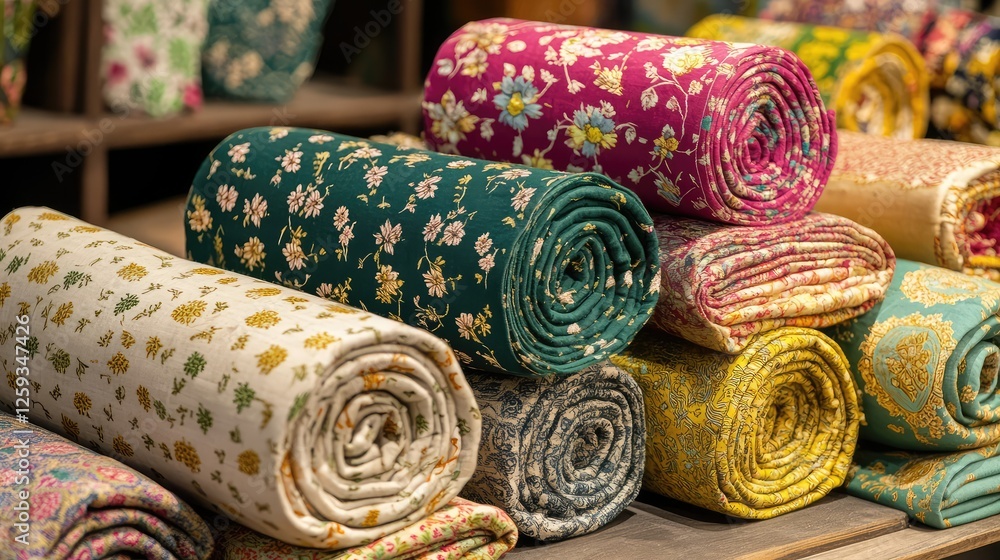 Poster a handmade textile display with folded fabrics in vibrant colors and traditional patterns. copy spac