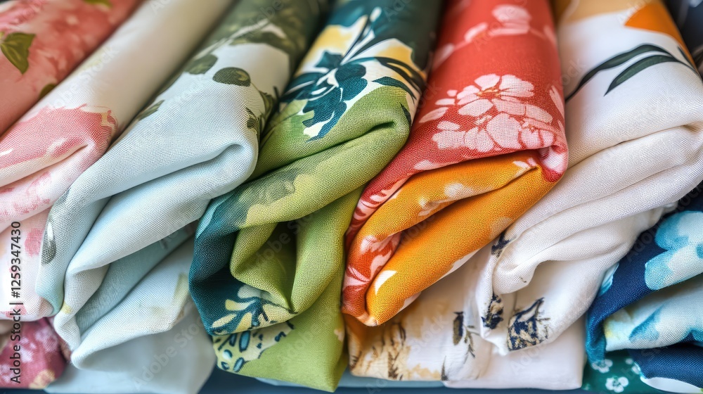 Poster a handmade textile display with folded fabrics in vibrant colors and traditional patterns. copy spac