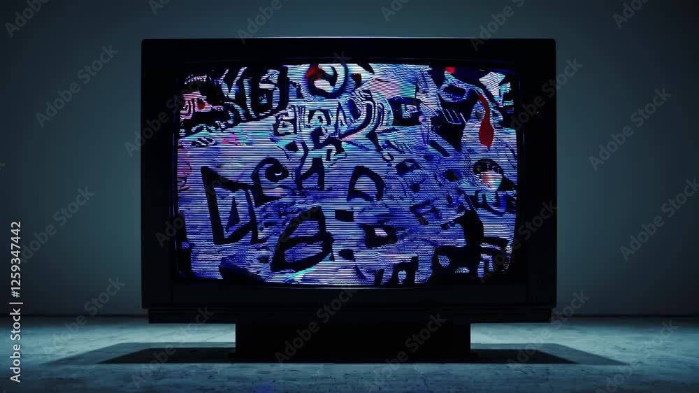 Poster a retro tv displaying colorful static from a low-angle view, evoking nostalgia and chaos, reminiscen