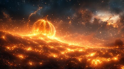 A surreal pumpkin patch with vines extending like golden ribbons across a glowing field