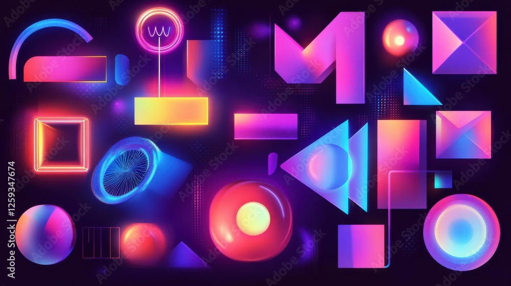 Poster abstract colorful shapes and geometric forms on dark background