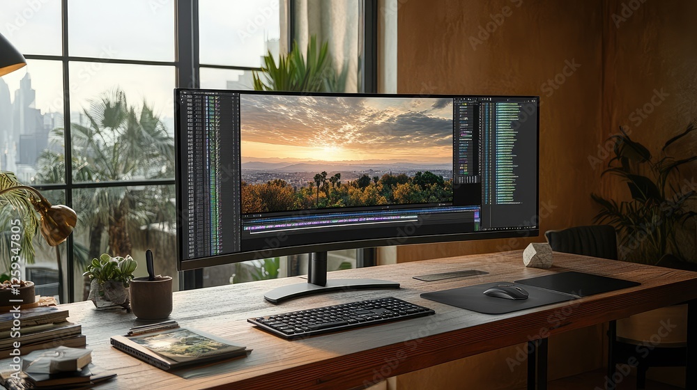 Poster a home photo editing setup with a high-resolution monitor, graphics tablet, and professional softwar