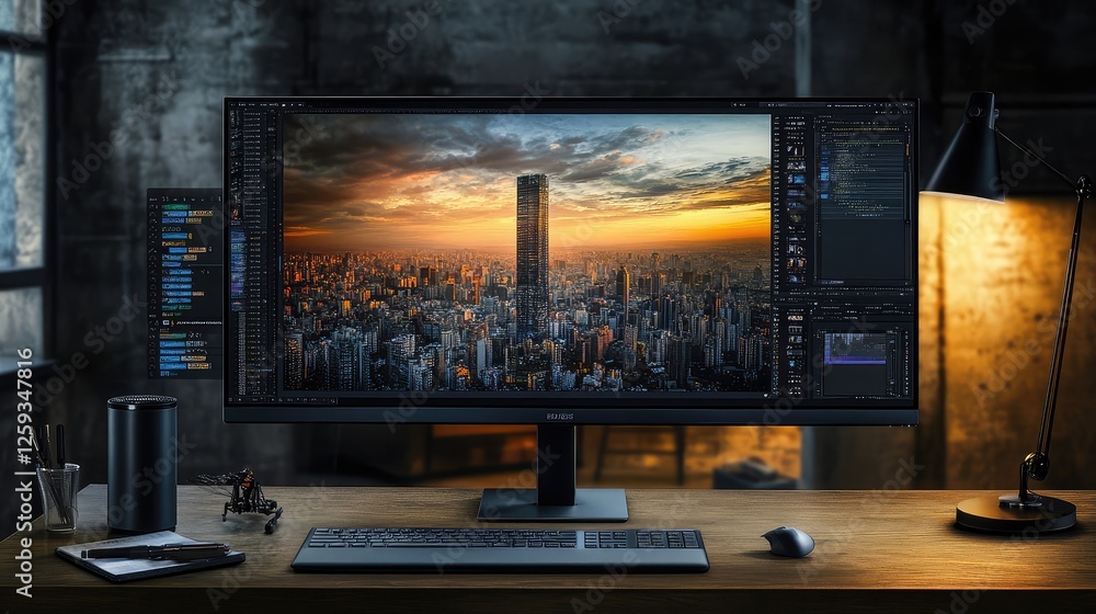 Poster a home photo editing setup with a high-resolution monitor, graphics tablet, and professional softwar
