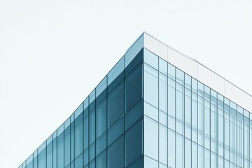 Modern glass building corner, city skyline, architectural detail, business success