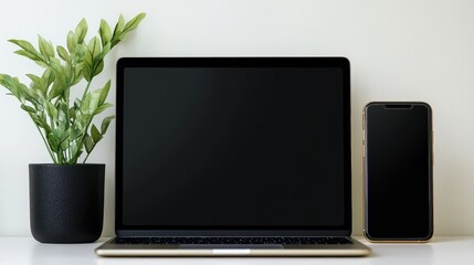 Fototapeta premium A hybrid work setup with a tablet, smartphone, and laptop on a clean white desk, symbolizing remote teamwork. Copy space.