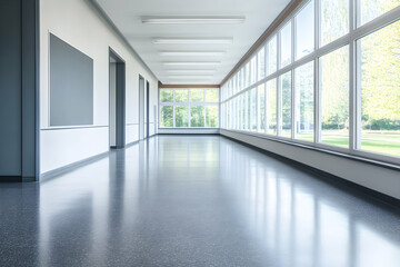 Fototapeta premium Modern, bright hallway with large windows and shiny floor. Ideal for corporate, education or healthcare settings.