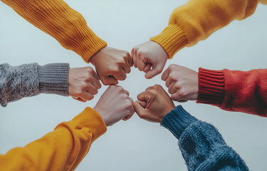 Close-up of six hands forming a circle, each hand holding its own fist against a white background. Conceptual photo for a theme of unity and diversity