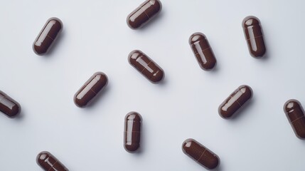 Brown Capsules Scattered on White Background: A Health Supplement Image