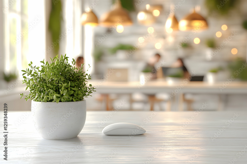 Poster serene workspace with potted plant and computer mouse on a white desk, blurred background of a moder