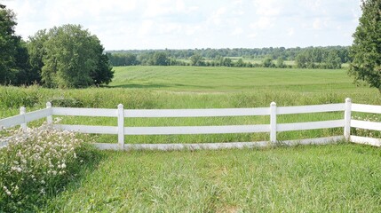 Fototapeta premium Rural field view through white fence
