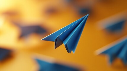 Blue paper plane soaring, blurred background,  speed, innovation concept