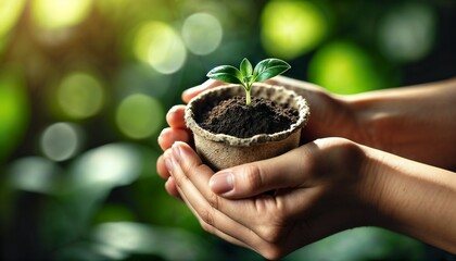 close-up shot of a small biodegradable plant pot with green sprouts emerging from the soil, symbolizing growth and sustainability