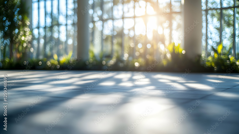Poster sunlit floor with blurred background of greenery and large windows, ideal for product placement or s