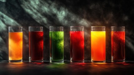 Colorful drinks in glasses, smoky background, studio shot, beverage menu
