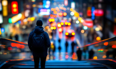 Fototapeta premium A lone figure with a backpack stands on an escalator, gazing at a vibrant, blurred cityscape at night. The image evokes a sense of urban exploration and solitude.