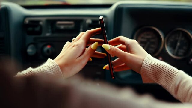 Hands Holding Smartphone in Car