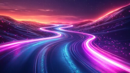An abstract neon background with video game terrain, glowing paths, and dynamic energy