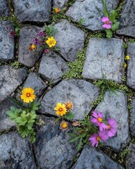 Wildflowers growing between the cracks of an old cobblestone path