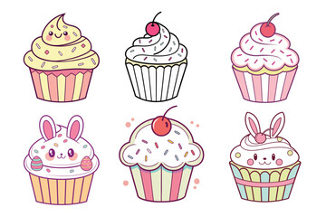 A Bundle of Cute Cupcake vector cartoon Illustrations 
