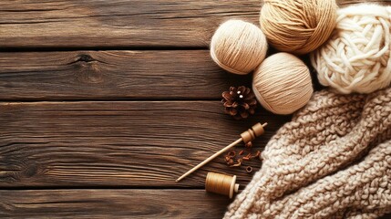 A rustic wooden table with handmade knitwear, wool spools, and knitting needles. Copy space.