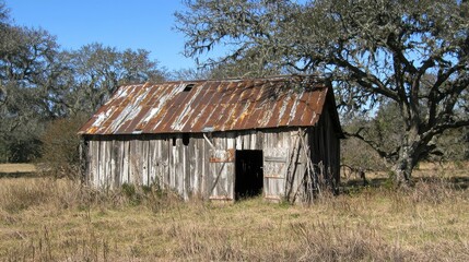 Rustic barn with a weathered roof in a serene landscape surrounded by trees and grass