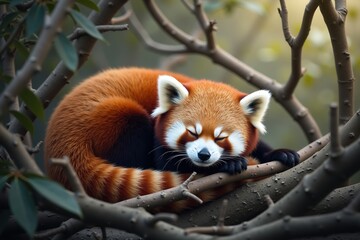 Obraz premium A Red Panda Sleeping in the Branches of a Tree - Generative AI