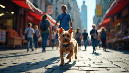 A Small Dog Walking Down a Street With People Walking by - Generative AI