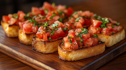 Delicious homemade Italian bruschetta with tomato and basil. Suitable for marketing or business purposes. Panoramic banner with place for text