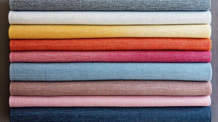 A soft textile market stall featuring neatly folded handwoven fabrics in a variety of colors. Copy space.
