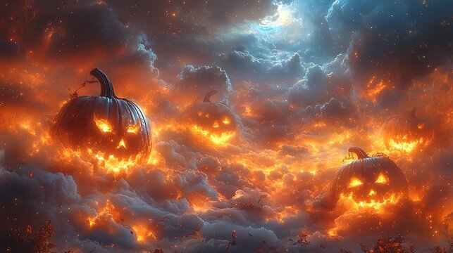 Pumpkins with glowing silver veins nestled among soft clouds in a dreamy sky