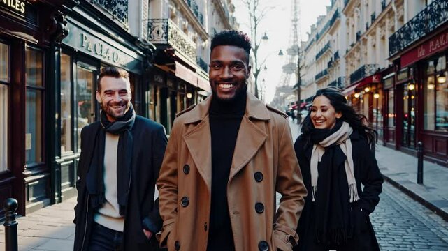 Video captures three friends walking on a Parisian street, smiling. Shot from a low angle, showcasing a lively, candid urban atmosphere.