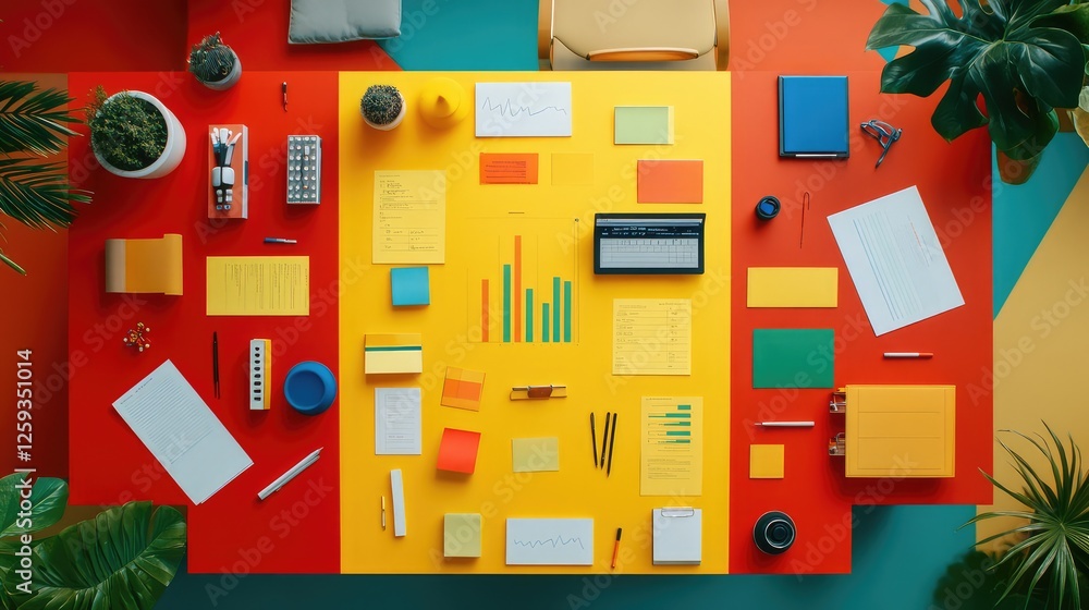 Poster a team strategy session setup with graphs, bar charts, and financial reports spread out on a desk. c