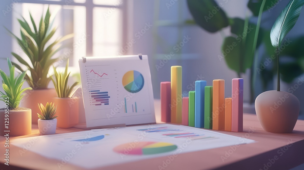 Poster a team strategy session setup with graphs, bar charts, and financial reports spread out on a desk. c