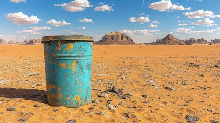 A weathered turquoise trash can stands alone in a vast orange desert landscape under a blue sky