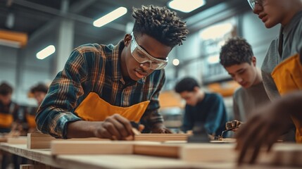 Focused carpenter concentrating on marking wood in workshop