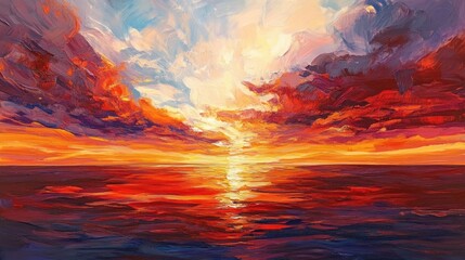 Vibrant sunset over calm ocean; inspiring artwork for peace