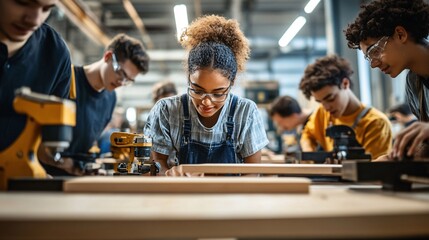 Young students learning woodworking in workshop class