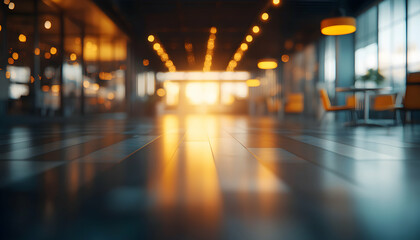 Warm sunset light illuminating a modern, sleek interior space with blurred cafe seating; perfect for background or design use.