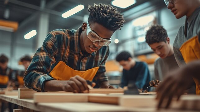 Focused carpenter concentrating on marking wood in workshop