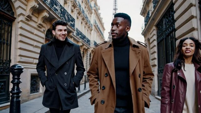 Stylish group walking down a Parisian street, captured from a low-angle. The video conveys urban elegance and confidence in a cityscape setting.