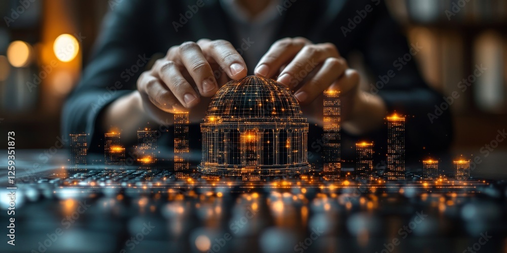 Poster businessman using technology in finance to visualize data concepts