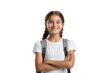 Happy schoolgirl with backpack, smiling at camera isolated on white or transparent, PNG